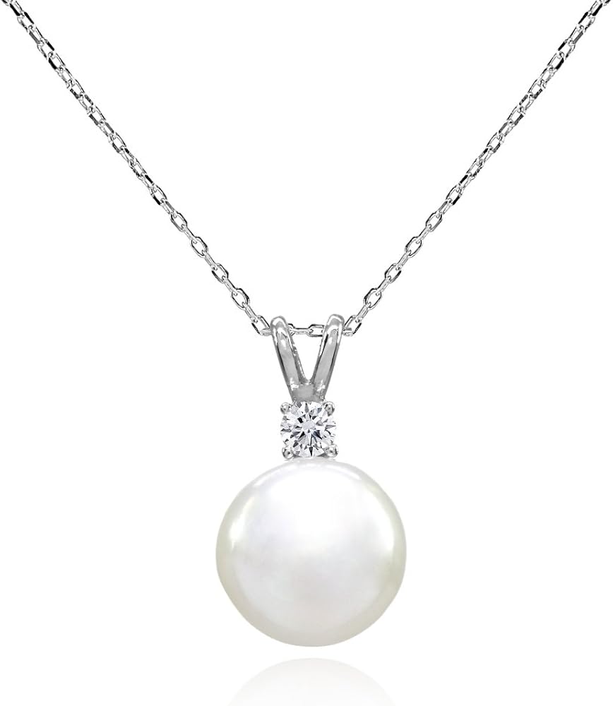 纯银仿白珍珠独粒宝石吊坠项链,带 cz 点缀